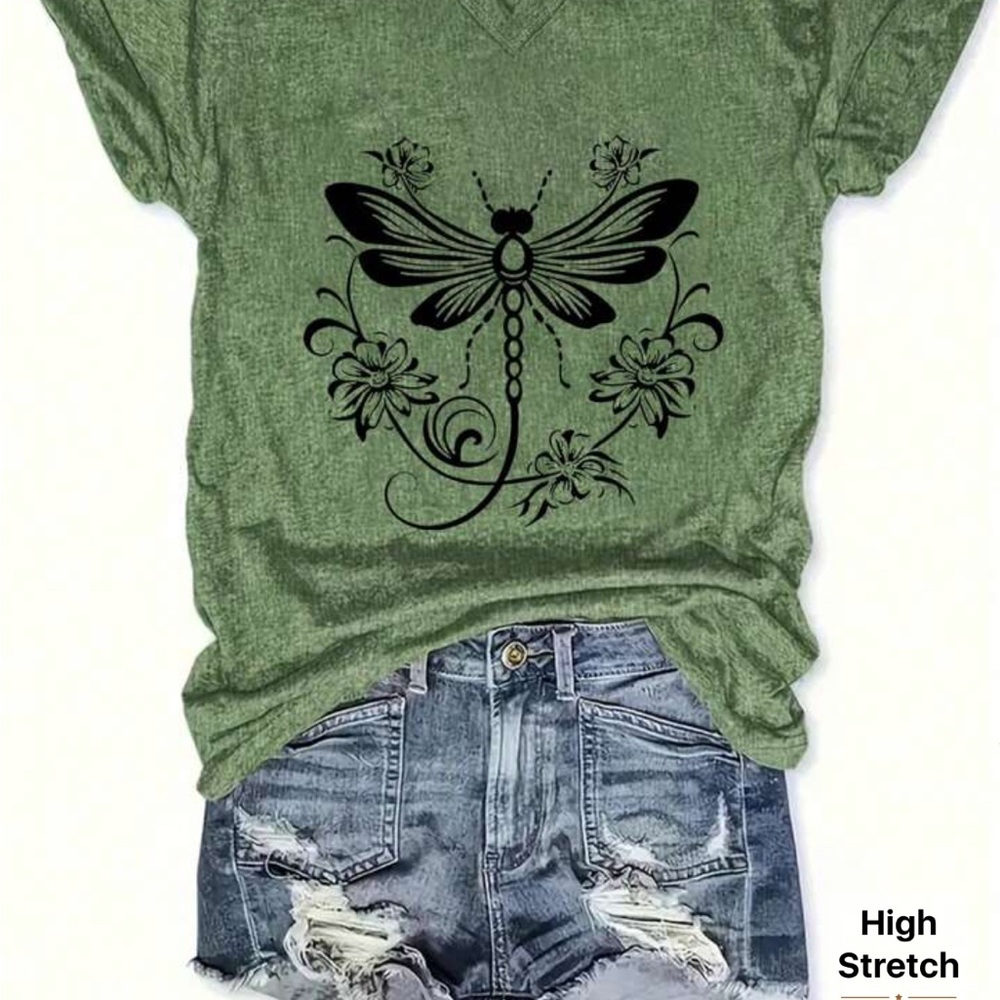 SHEIN Green Dragonfly Print Blouse